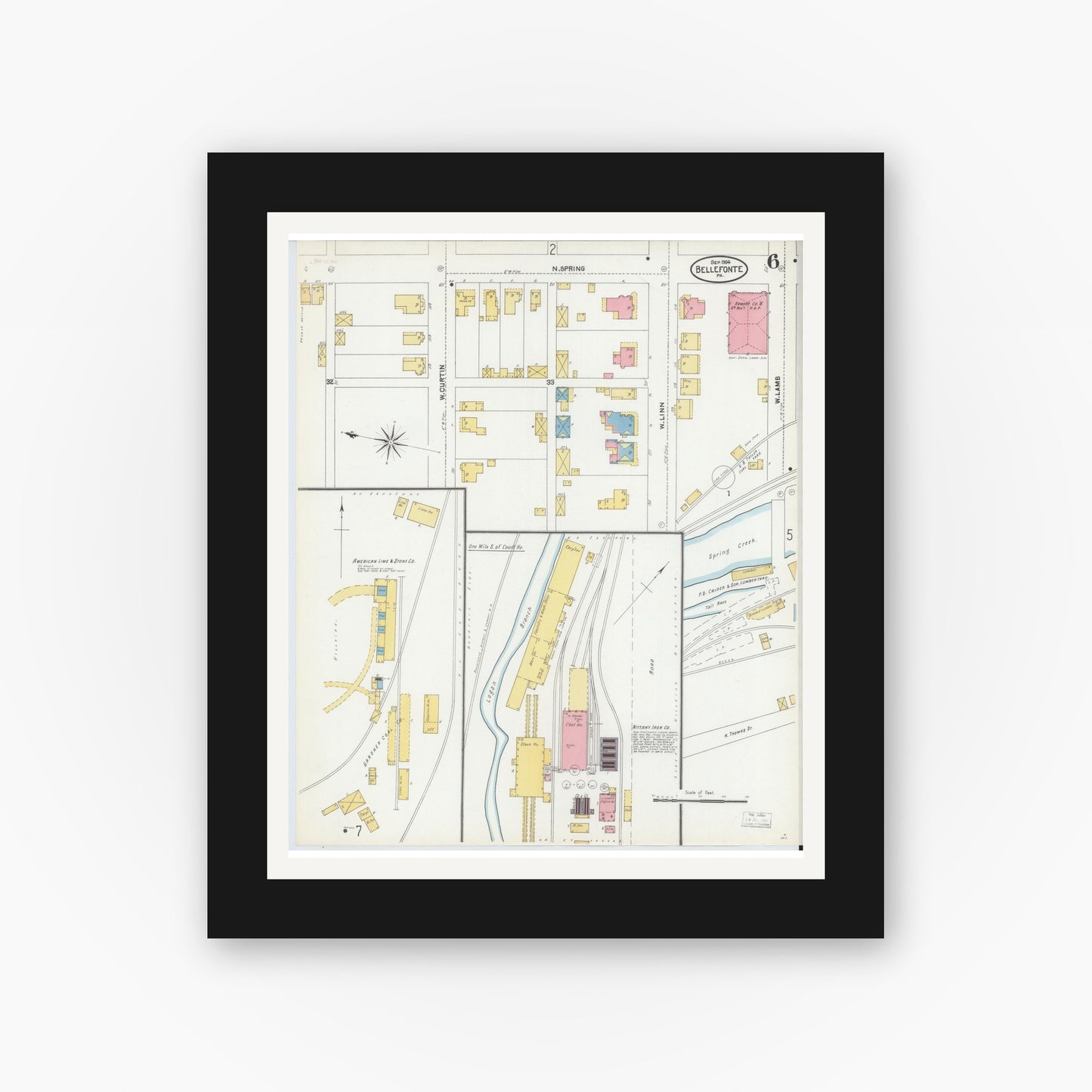 Old map wall art mockup — black gallery frame with white mat — Sanborn Fire Insurance Map from Bellefonte, Centre County, Pennsylvania (1904), Sheet #0006