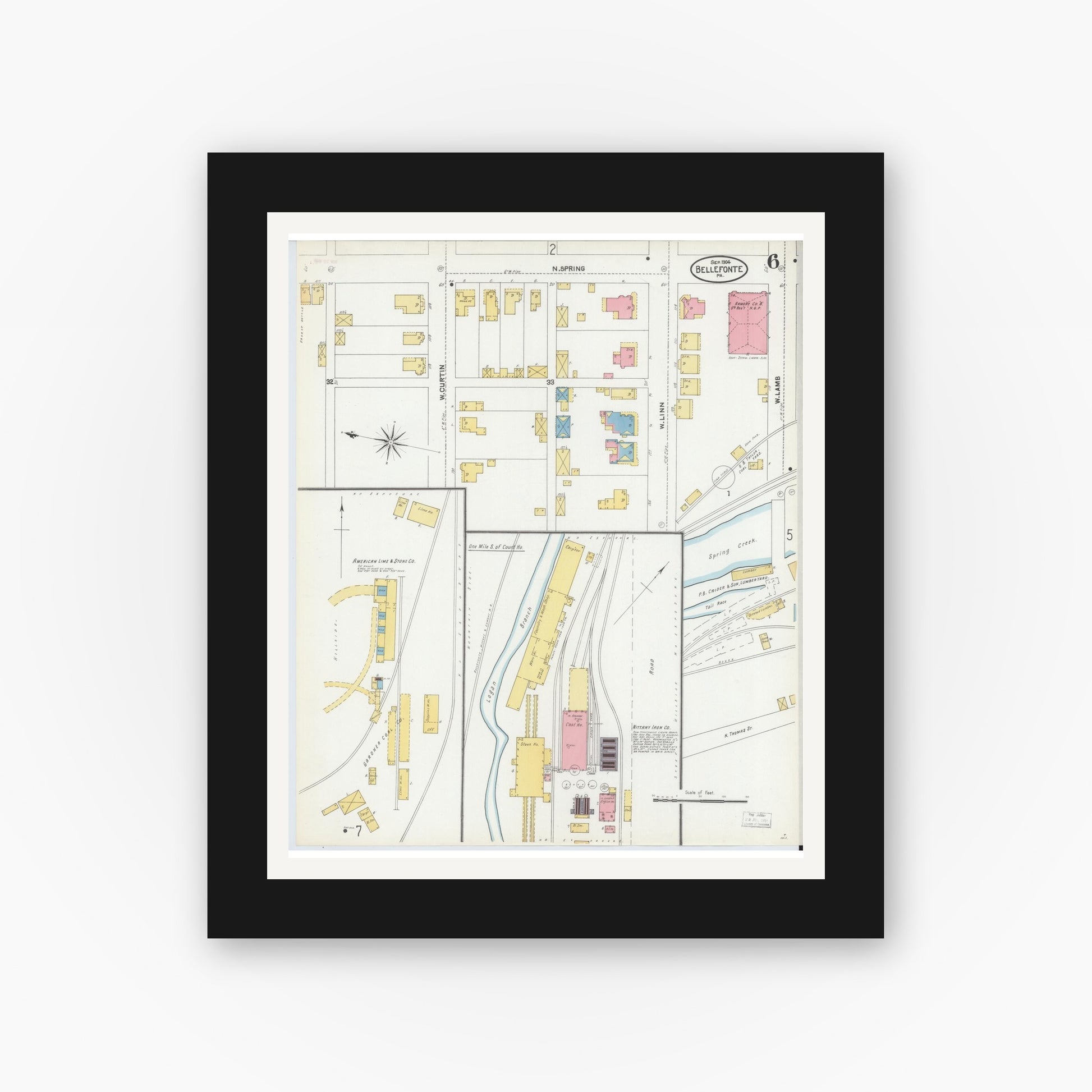 Old map wall art mockup — black gallery frame with white mat — Sanborn Fire Insurance Map from Bellefonte, Centre County, Pennsylvania (1904), Sheet #0006