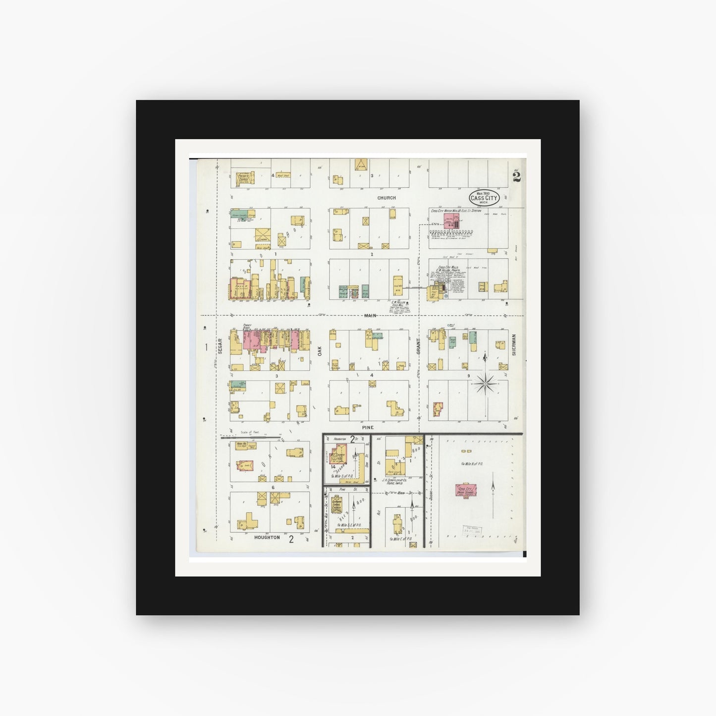 Old map wall art mockup — black gallery frame with white mat — Sanborn Fire Insurance Map from Cass City, Tuscola County, Michigan (1900), Sheet #0002