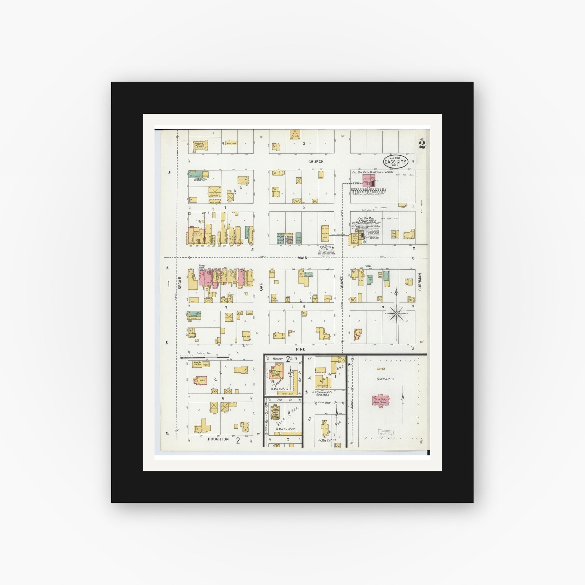 Old map wall art mockup — black gallery frame with white mat — Sanborn Fire Insurance Map from Cass City, Tuscola County, Michigan (1900), Sheet #0002