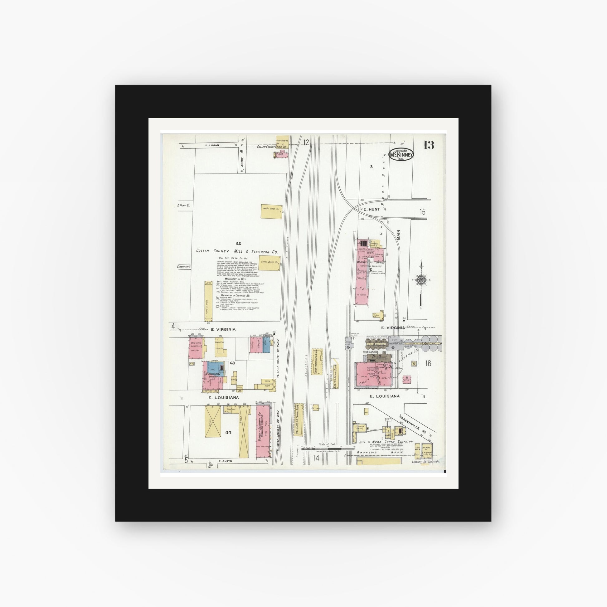 Old map wall art mockup — black gallery frame with white mat — Sanborn Fire Insurance Map from McKinney, Collin County, Texas (1920), Sheet #0013
