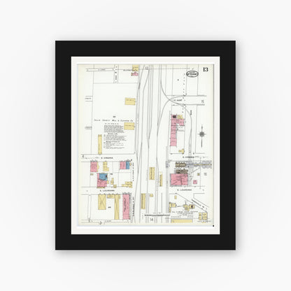 Old map wall art mockup — black gallery frame with white mat — Sanborn Fire Insurance Map from McKinney, Collin County, Texas (1920), Sheet #0013