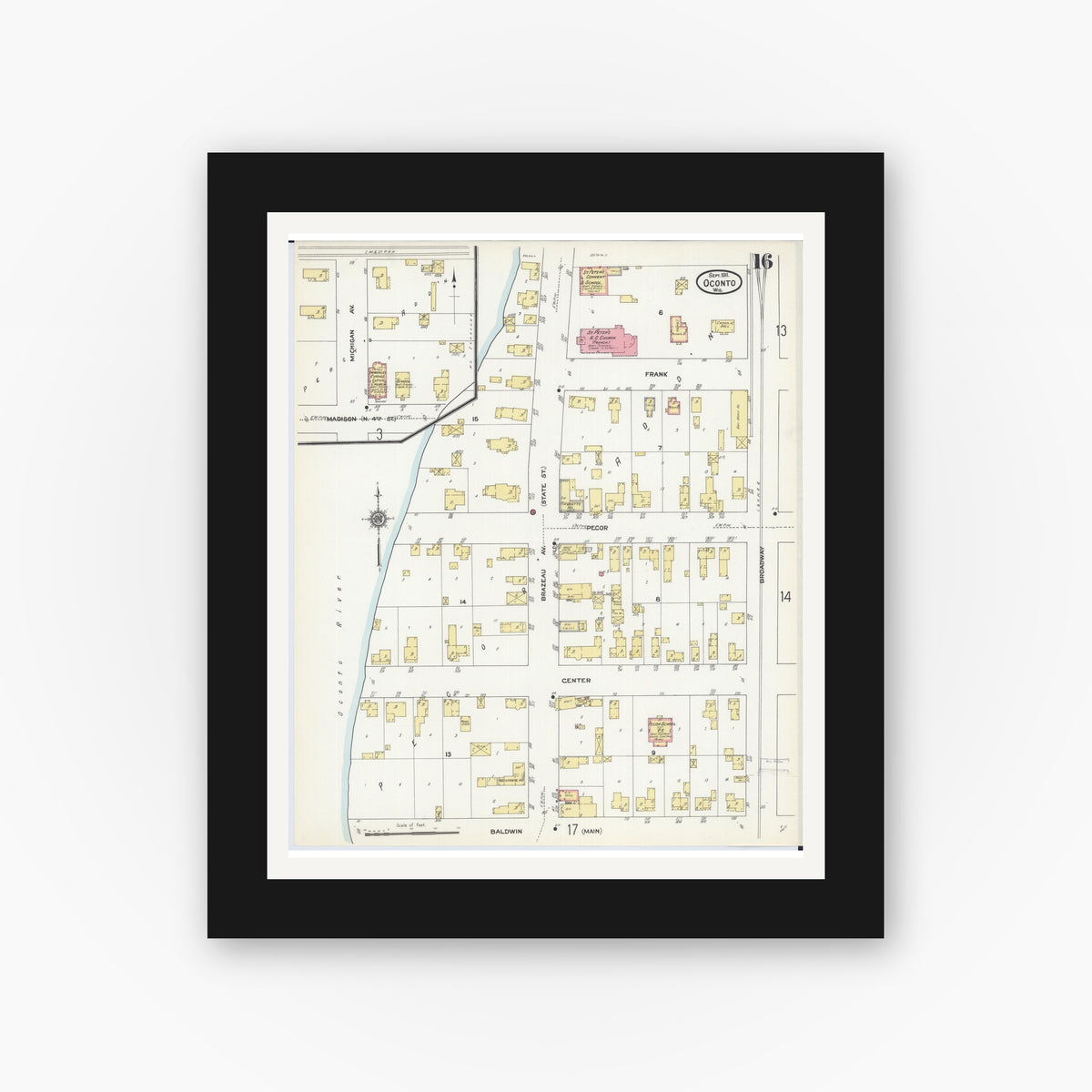Old map wall art mockup — black gallery frame with white mat — Sanborn Fire Insurance Map from Oconto, Oconto County, Wisconsin (1911), Sheet #0016