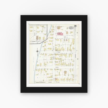 Old map wall art mockup — black gallery frame with white mat — Sanborn Fire Insurance Map from Oconto, Oconto County, Wisconsin (1911), Sheet #0016