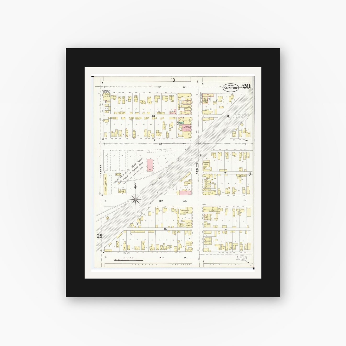 Old map wall art mockup — black gallery frame with white mat — Sanborn Fire Insurance Map from Clinton, Clinton County, Iowa (1897), Sheet #0020