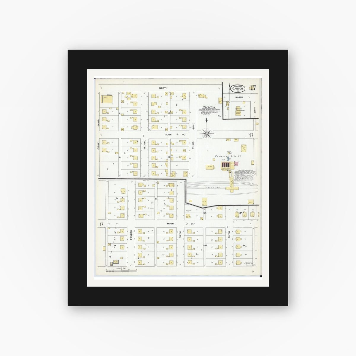 Old map wall art mockup — black gallery frame with white mat — Sanborn Fire Insurance Map from Canton, Fulton County, Illinois (1909), Sheet #0017