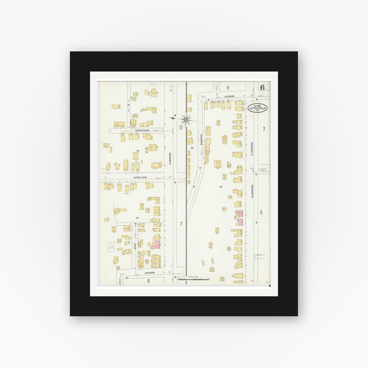 Old map wall art mockup — black gallery frame with white mat — Sanborn Fire Insurance Map from Little Falls, Herkimer County, New York (1906), Sheet #0006