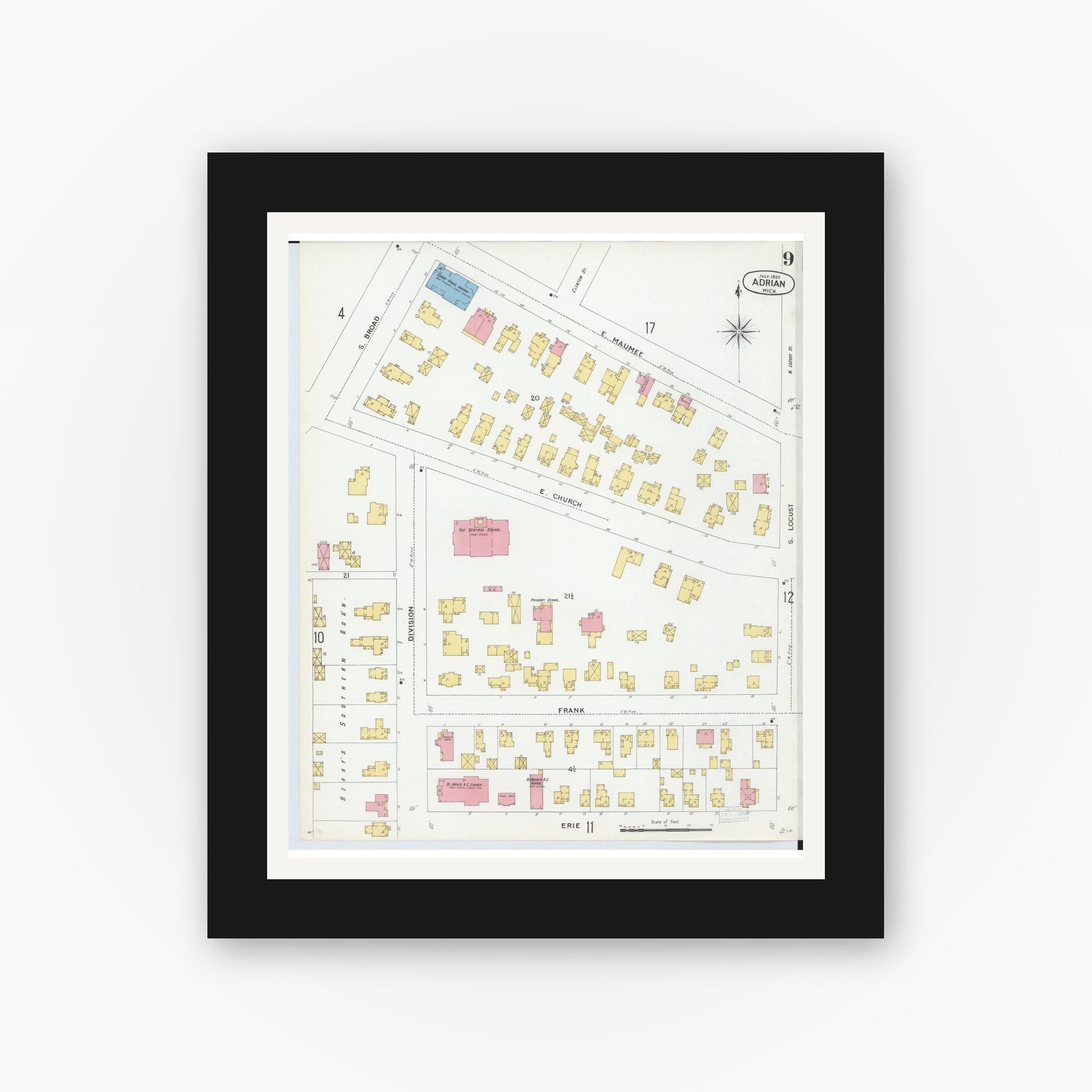 Old map wall art mockup — black gallery frame with white mat — Sanborn Fire Insurance Map from Adrian, Lenawee County, Michigan (1899), Sheet #0009