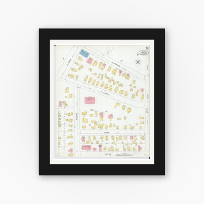Old map wall art mockup — black gallery frame with white mat — Sanborn Fire Insurance Map from Adrian, Lenawee County, Michigan (1899), Sheet #0009