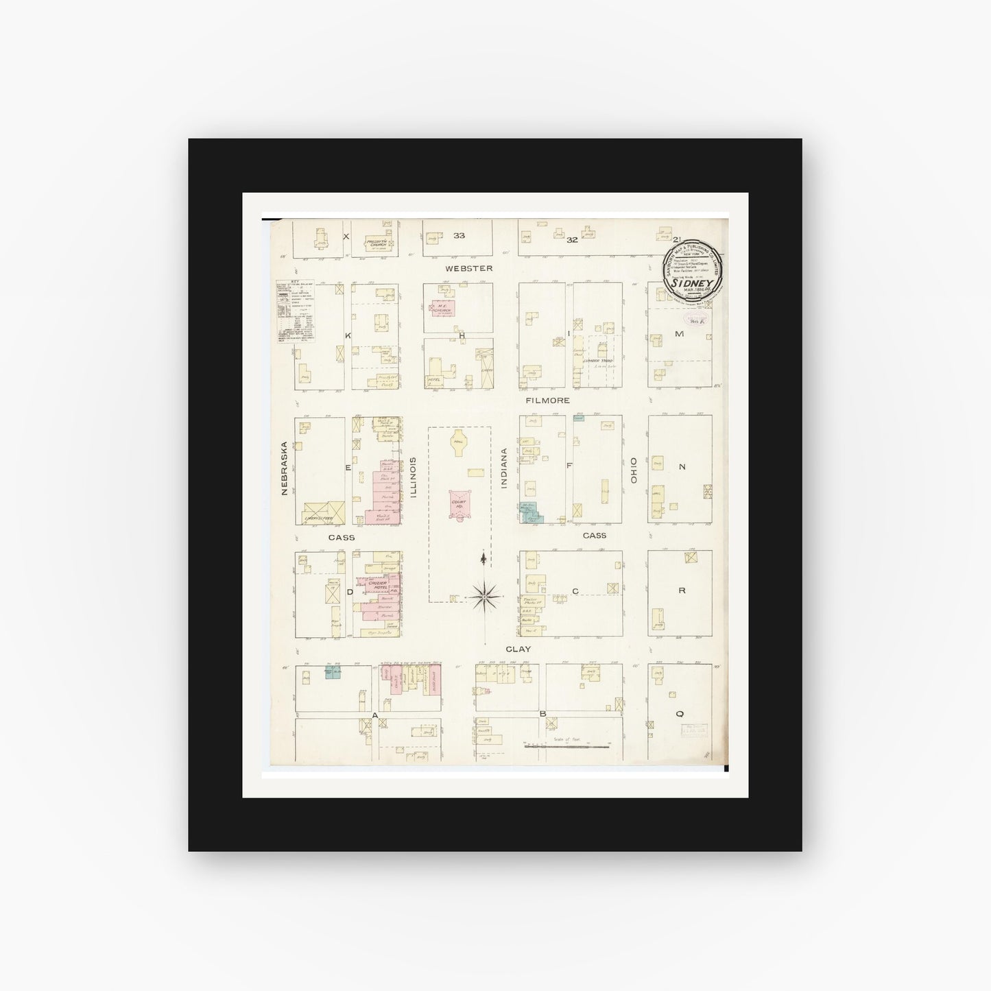 Old map wall art mockup — black gallery frame with white mat — Sanborn Fire Insurance Map from Sidney, Fremont County, Iowa (1886), Sheet #0001