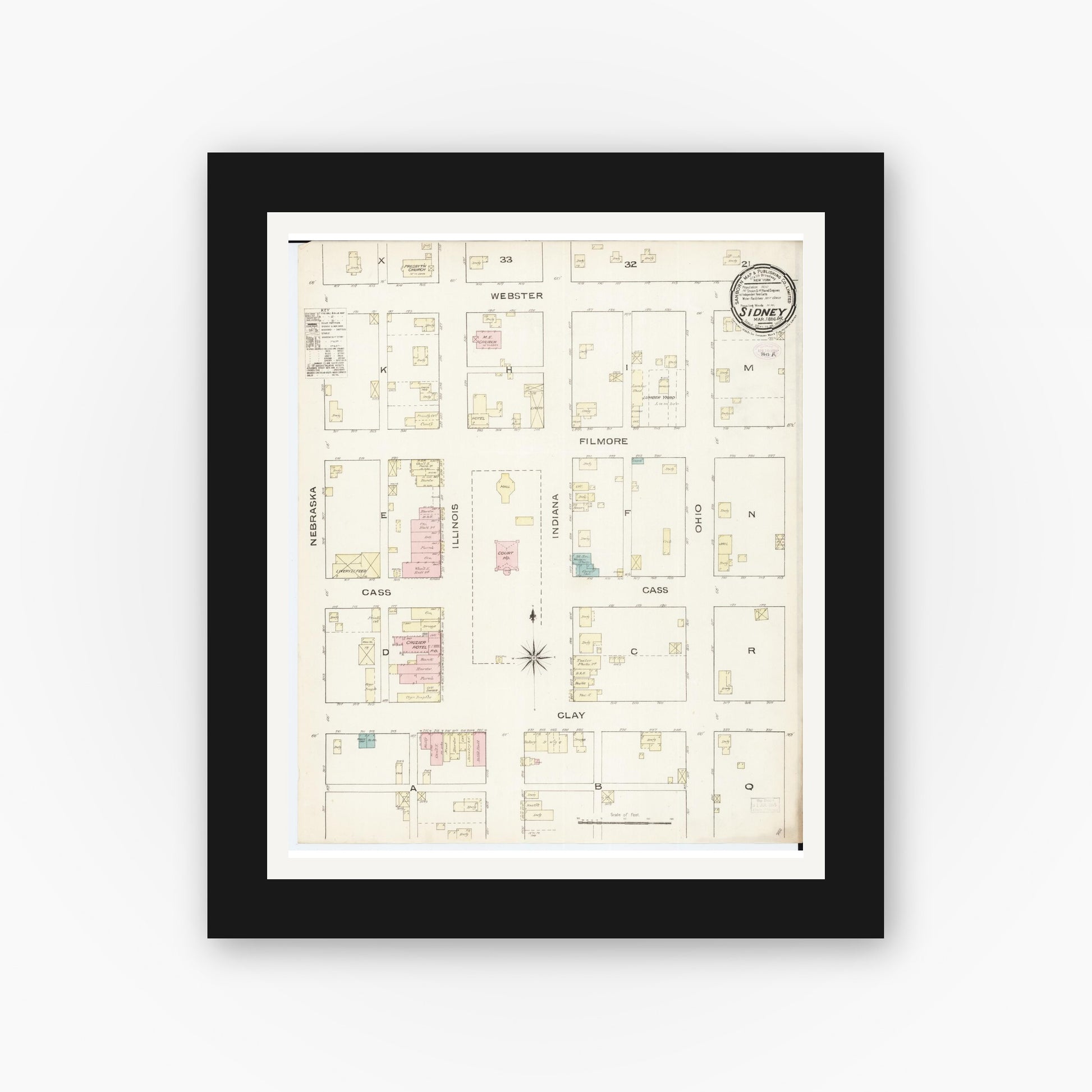 Old map wall art mockup — black gallery frame with white mat — Sanborn Fire Insurance Map from Sidney, Fremont County, Iowa (1886), Sheet #0001