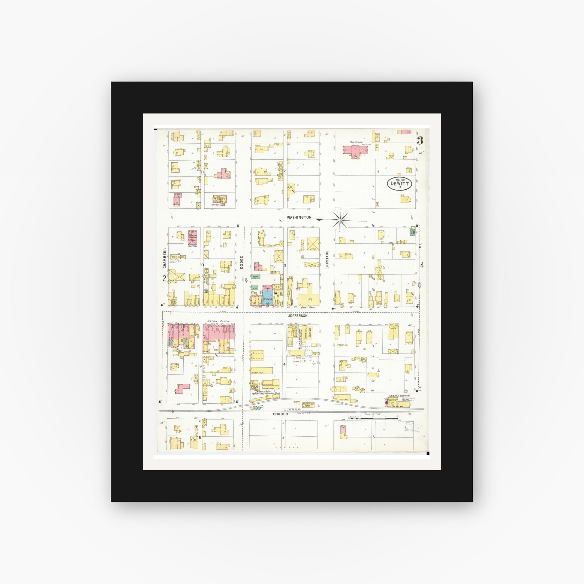 Old map wall art mockup — black gallery frame with white mat — Sanborn Fire Insurance Map from De Witt, Clinton County, Iowa (1899), Sheet #0003