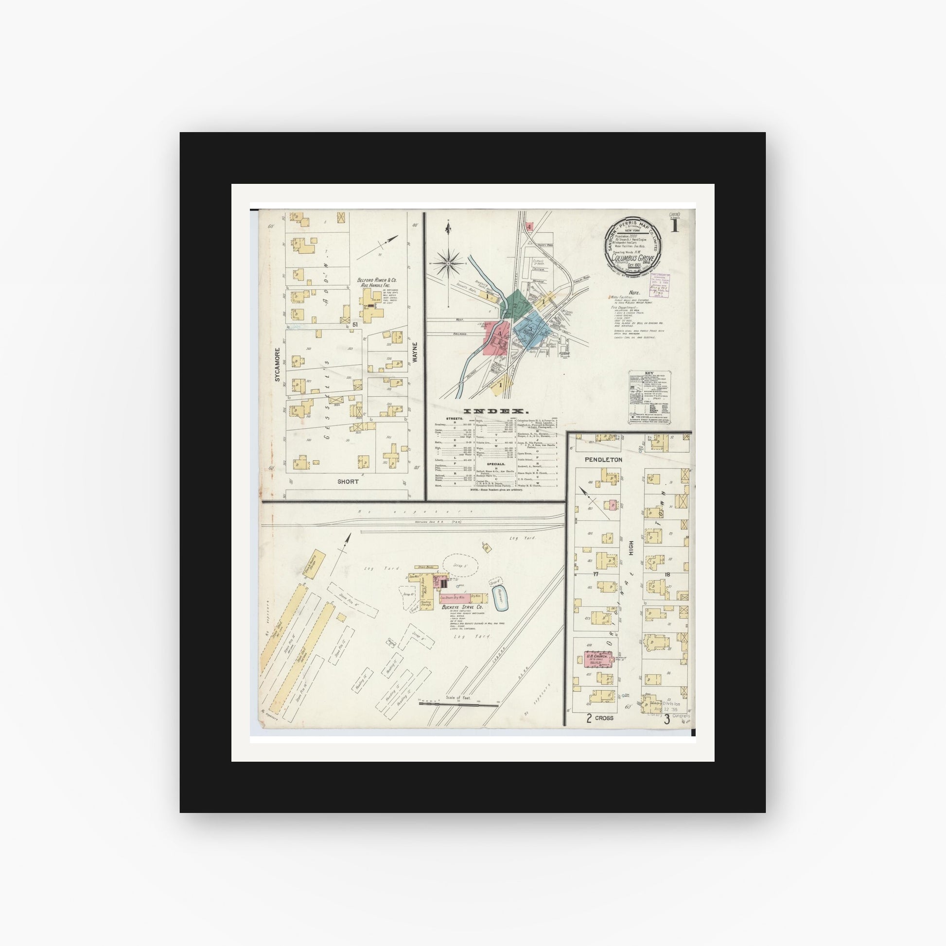 Old map wall art mockup — black gallery frame with white mat — Sanborn Fire Insurance Map from Columbus Grove, Putnam County, Ohio (1901), Sheet #0001