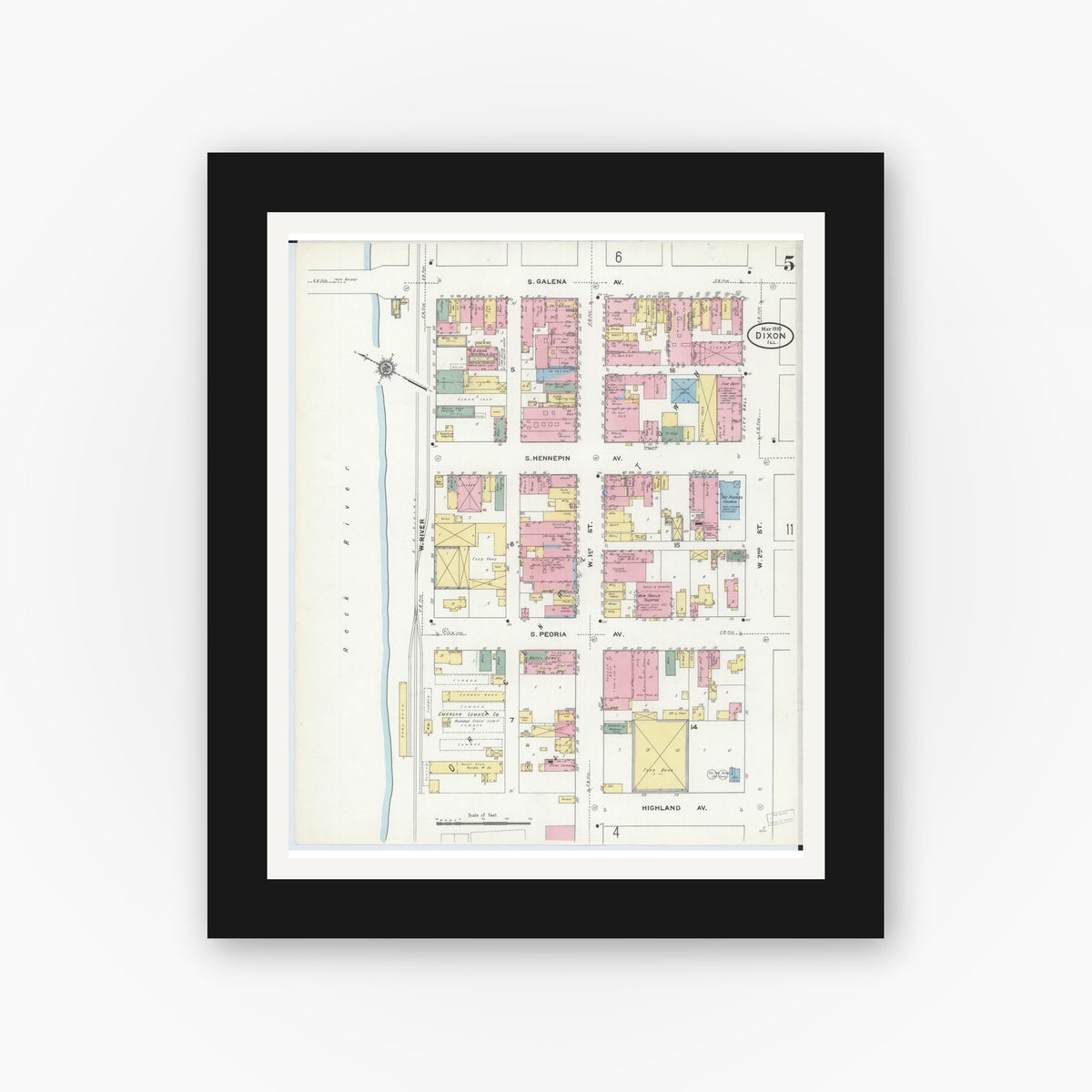 Old map wall art mockup — black gallery frame with white mat — Sanborn Fire Insurance Map from Dixon, Lee County, Illinois (1910), Sheet #0005