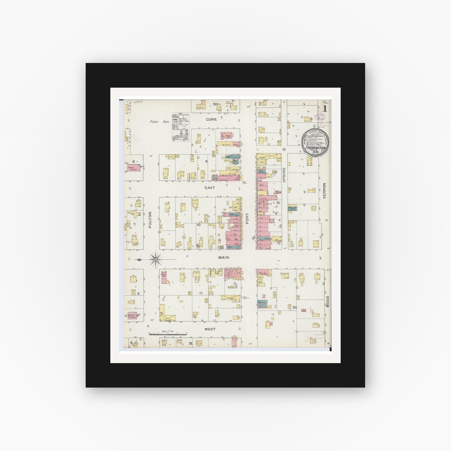 Old map wall art mockup — black gallery frame with white mat — Sanborn Fire Insurance Map from Farmington, Fulton County, Illinois (1893) - Complete Map Set
