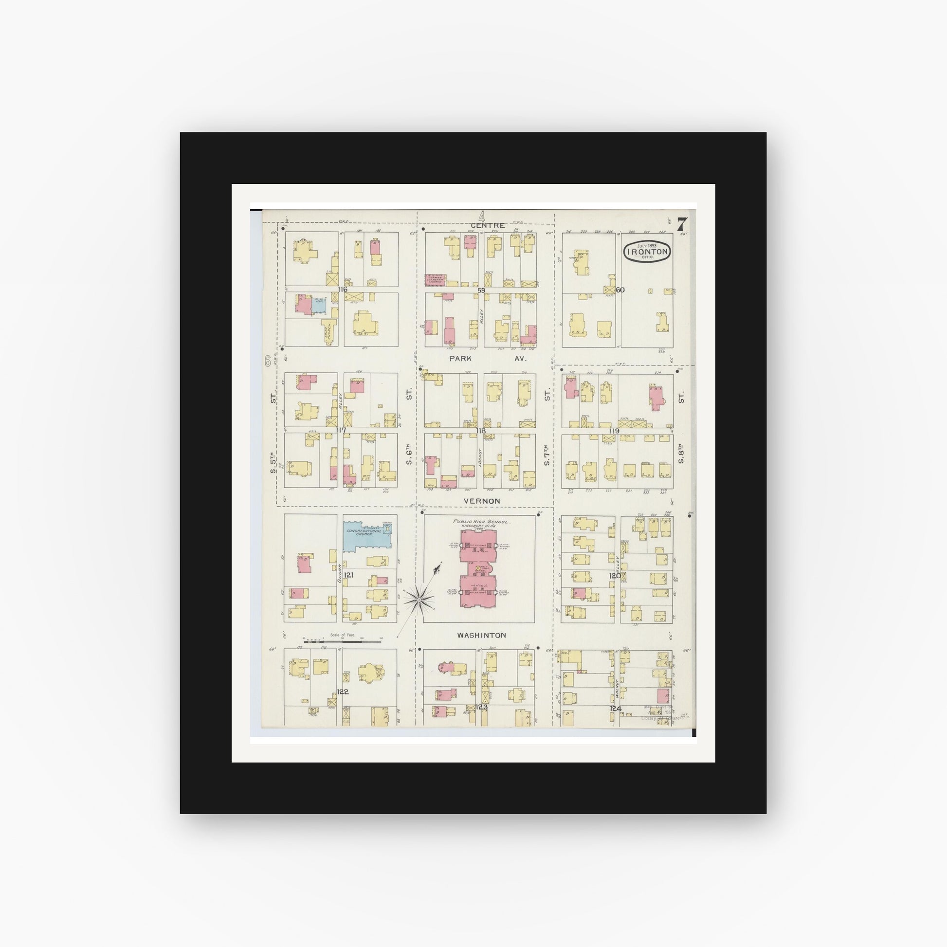 Old map wall art mockup — black gallery frame with white mat — Sanborn Fire Insurance Map from Ironton, Lawrence County, Ohio (1893), Sheet #0007