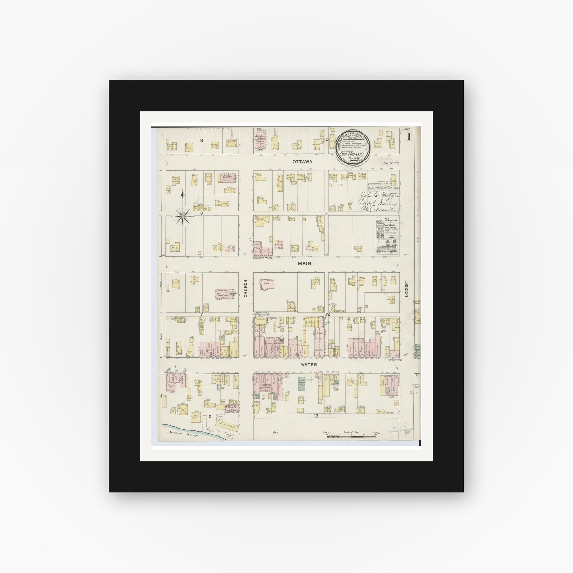 Old map wall art mockup — black gallery frame with white mat — Sanborn Fire Insurance Map from Oak Harbor, Ottawa County, Ohio (1888) - Complete Map Set