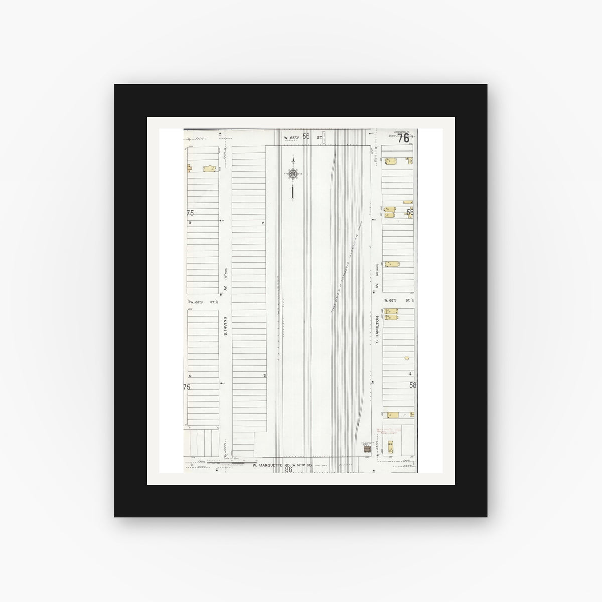 Old map wall art mockup — black gallery frame with white mat — Sanborn Fire Insurance Map from Chicago, Cook County, Illinois (1920), Sheet #0076