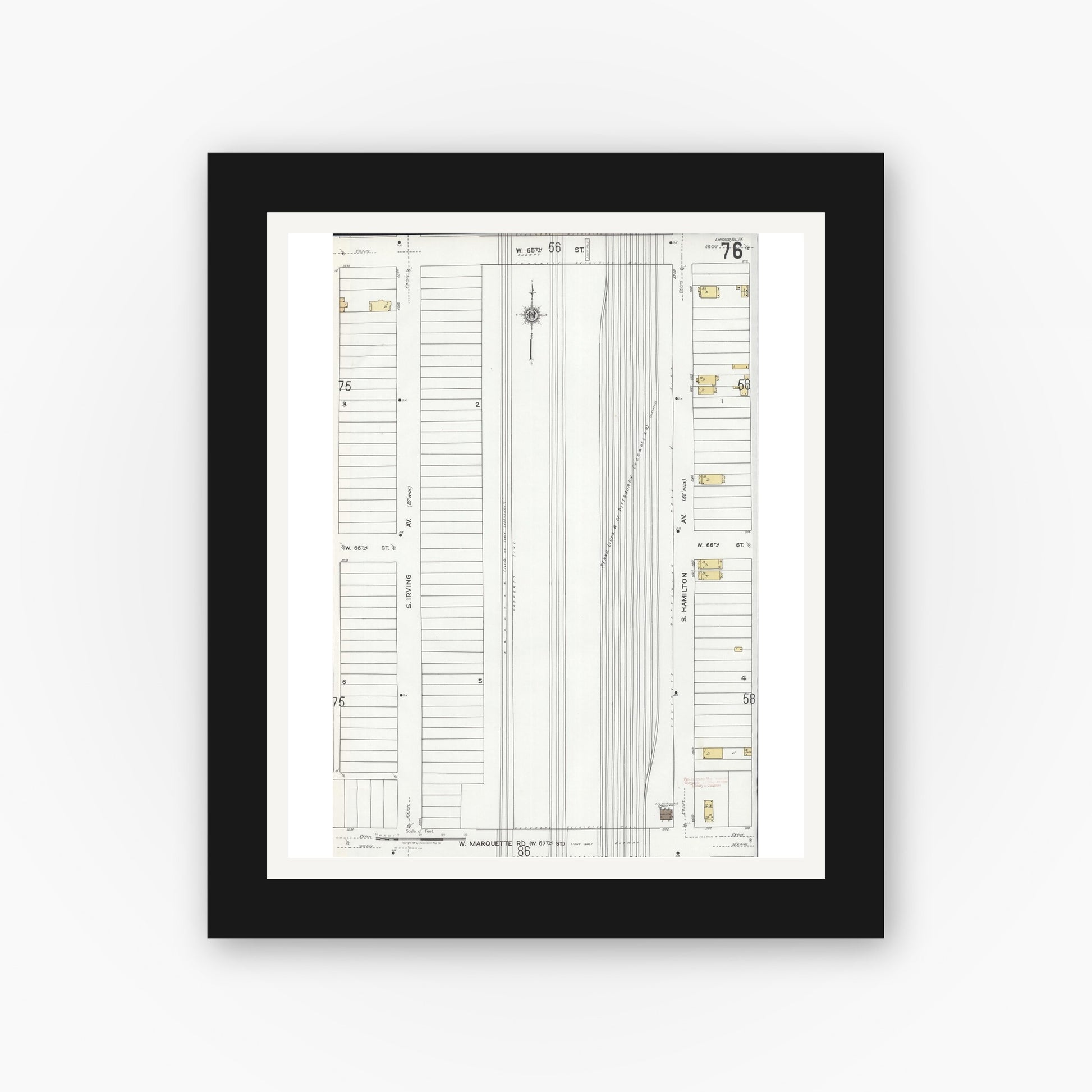 Old map wall art mockup — black gallery frame with white mat — Sanborn Fire Insurance Map from Chicago, Cook County, Illinois (1920), Sheet #0076