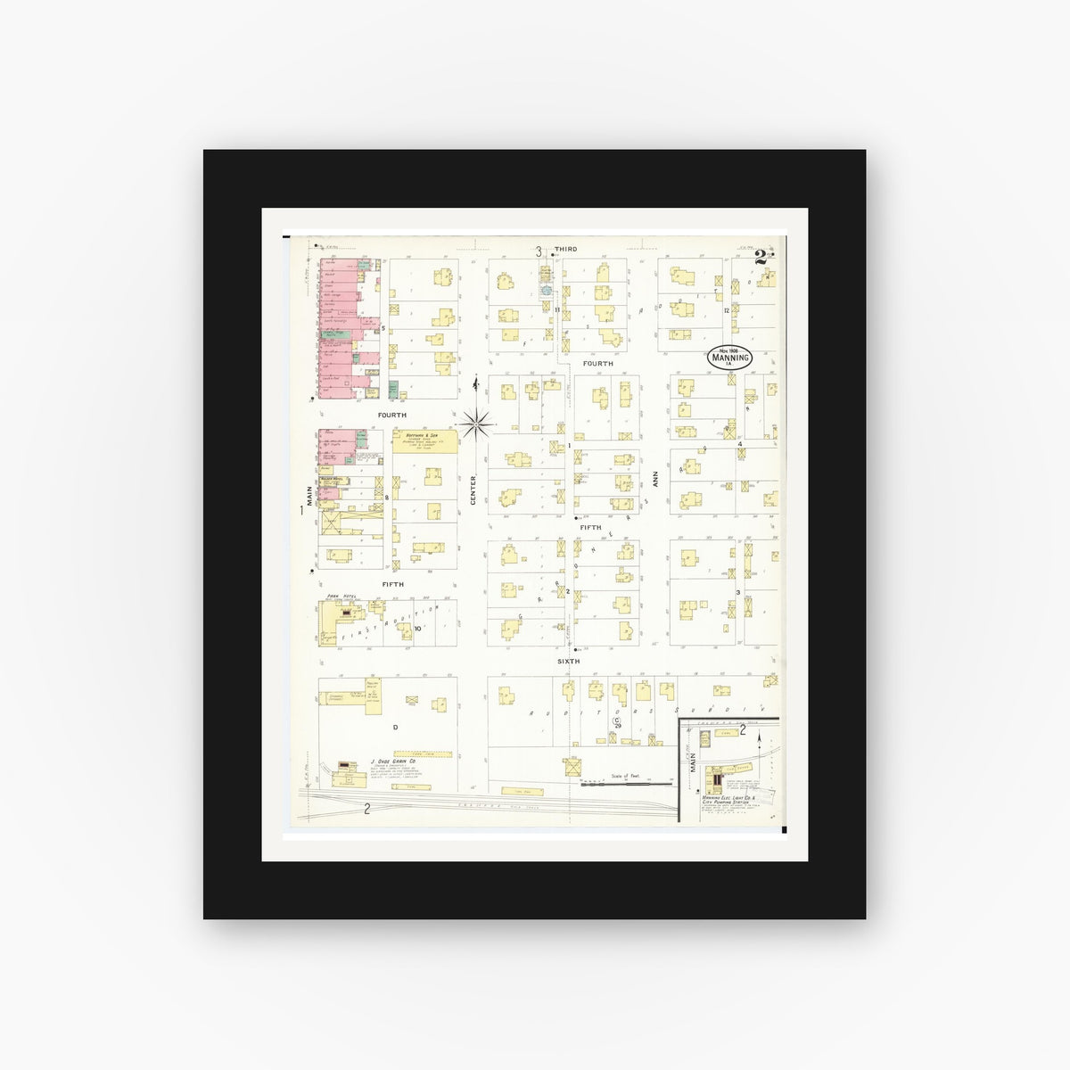 Old map wall art mockup — black gallery frame with white mat — Sanborn Fire Insurance Map from Manning, Carroll County, Iowa (1908), Sheet #0002