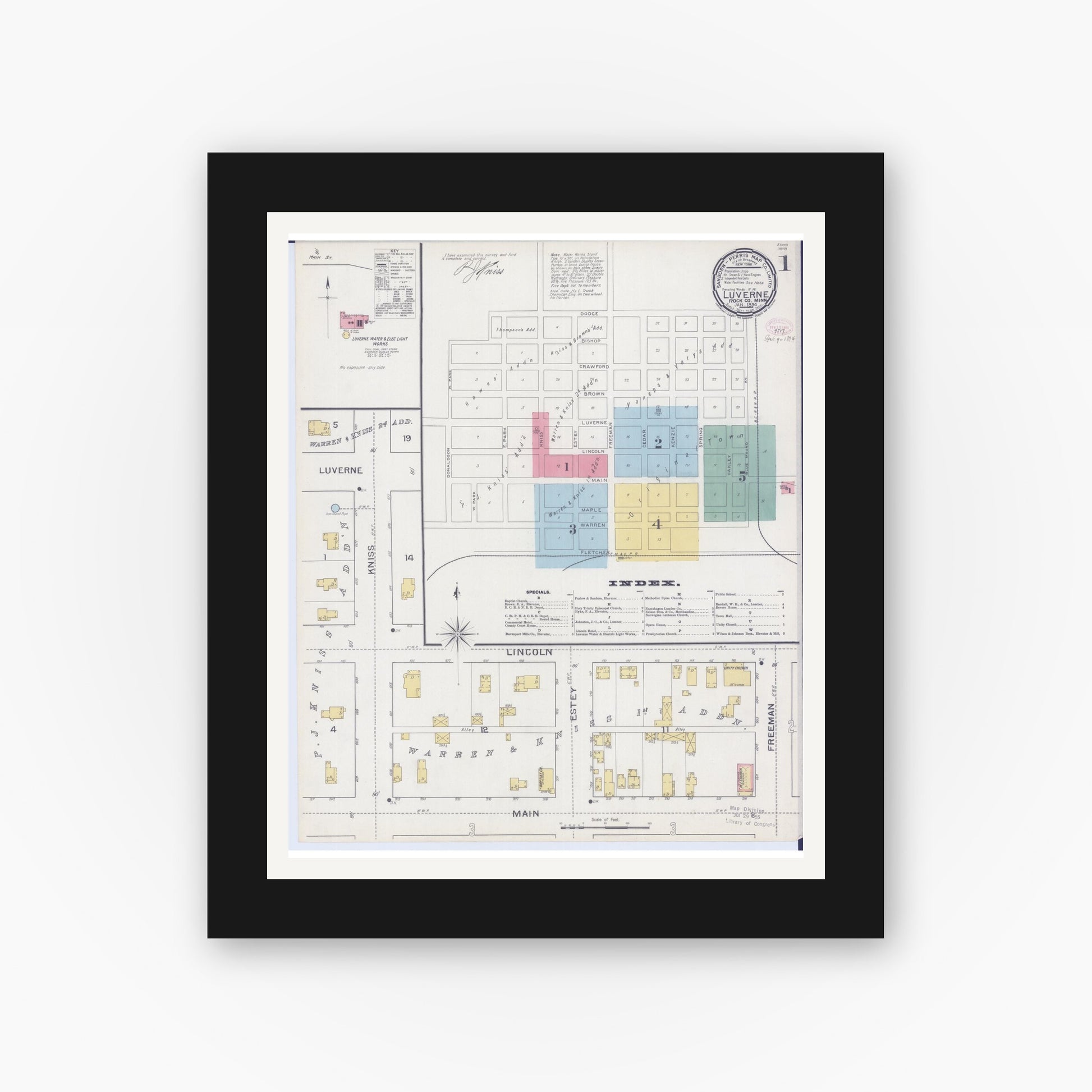 Old map wall art mockup — black gallery frame with white mat — Sanborn Fire Insurance Map from Luverne, Rock County, Minnesota (1894), Sheet #0001