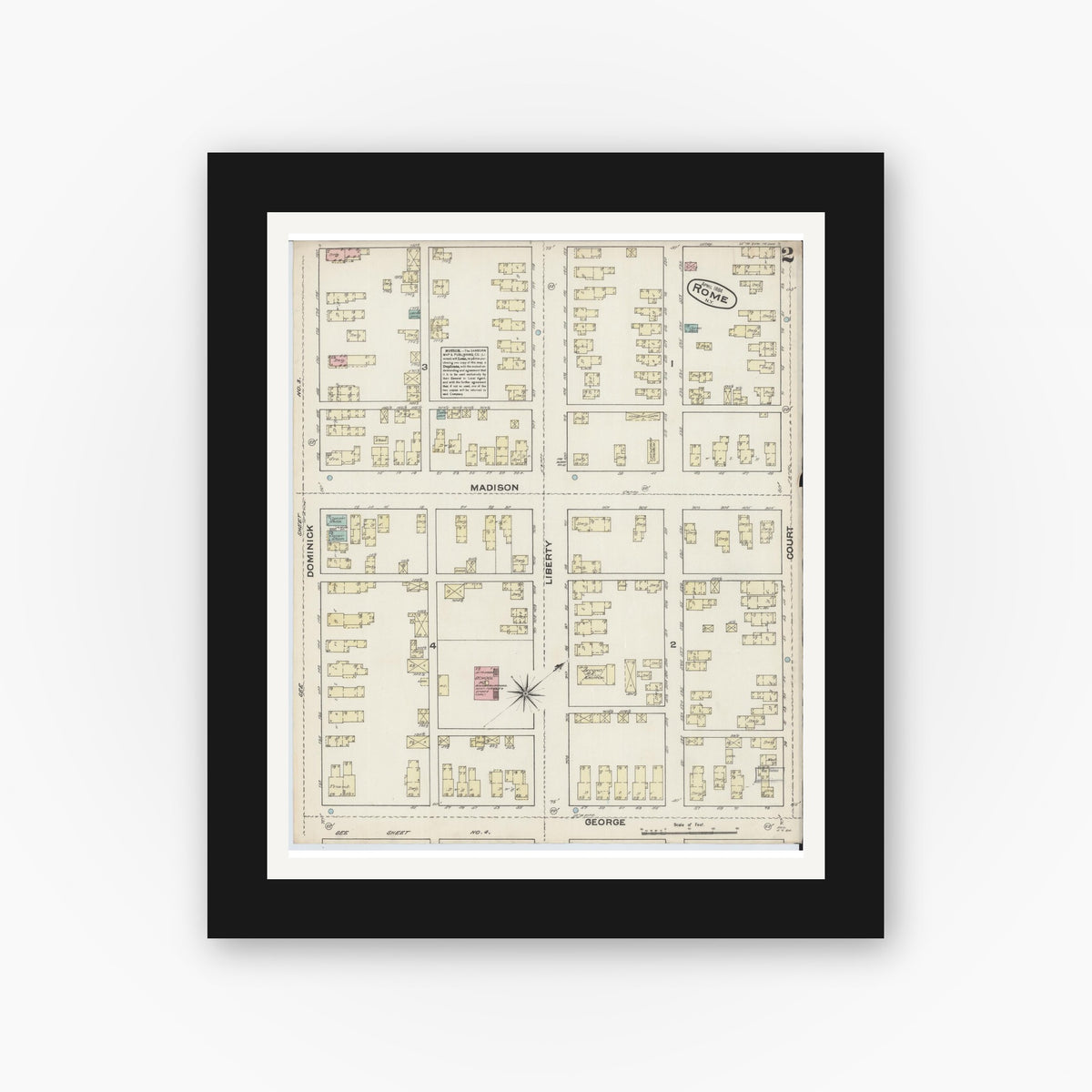 Old map wall art mockup — black gallery frame with white mat — Sanborn Fire Insurance Map from Rome, Oneida County, New York (1884), Sheet #0002