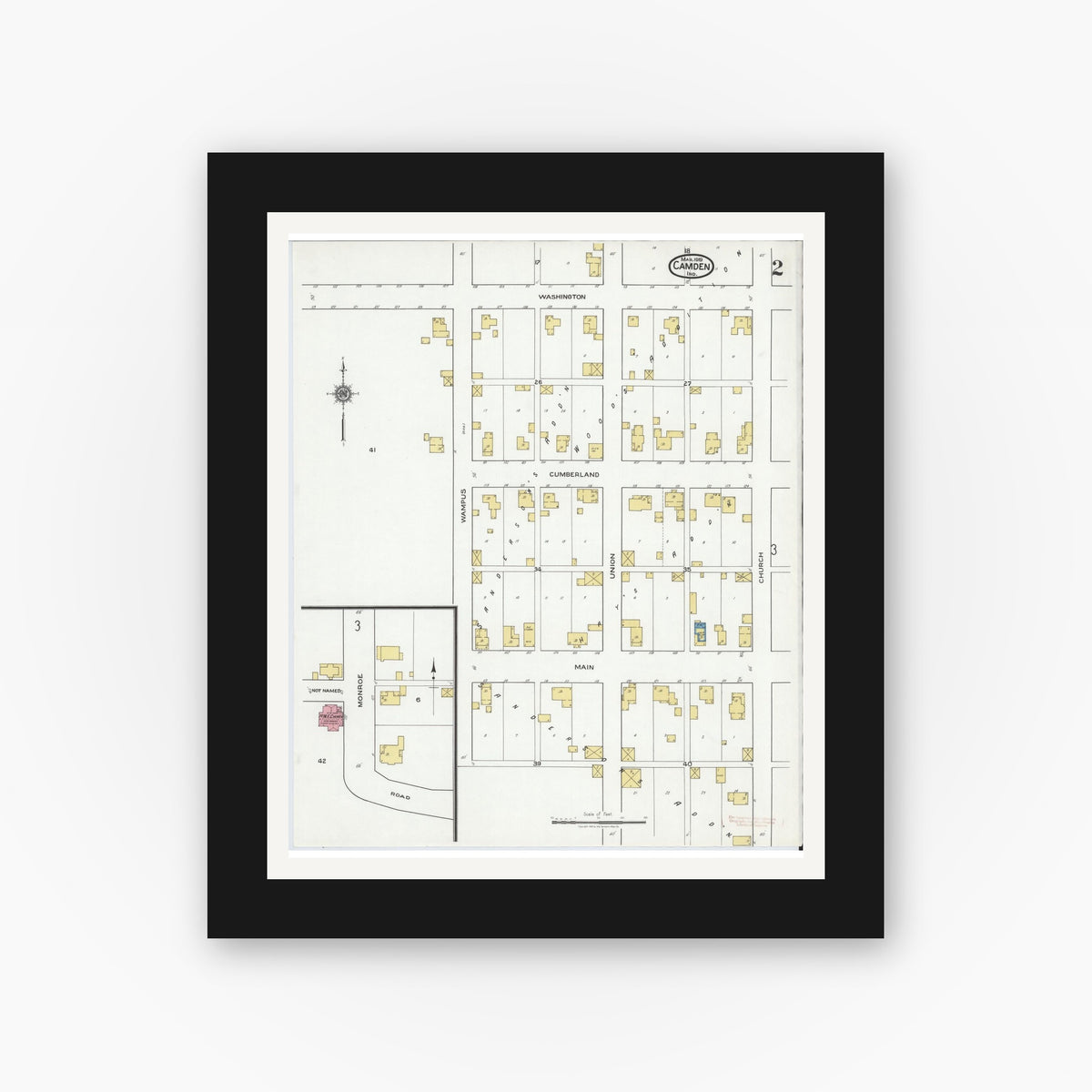 Old map wall art mockup — black gallery frame with white mat — Sanborn Fire Insurance Map from Camden, Carroll County, Indiana (1919), Sheet #0002