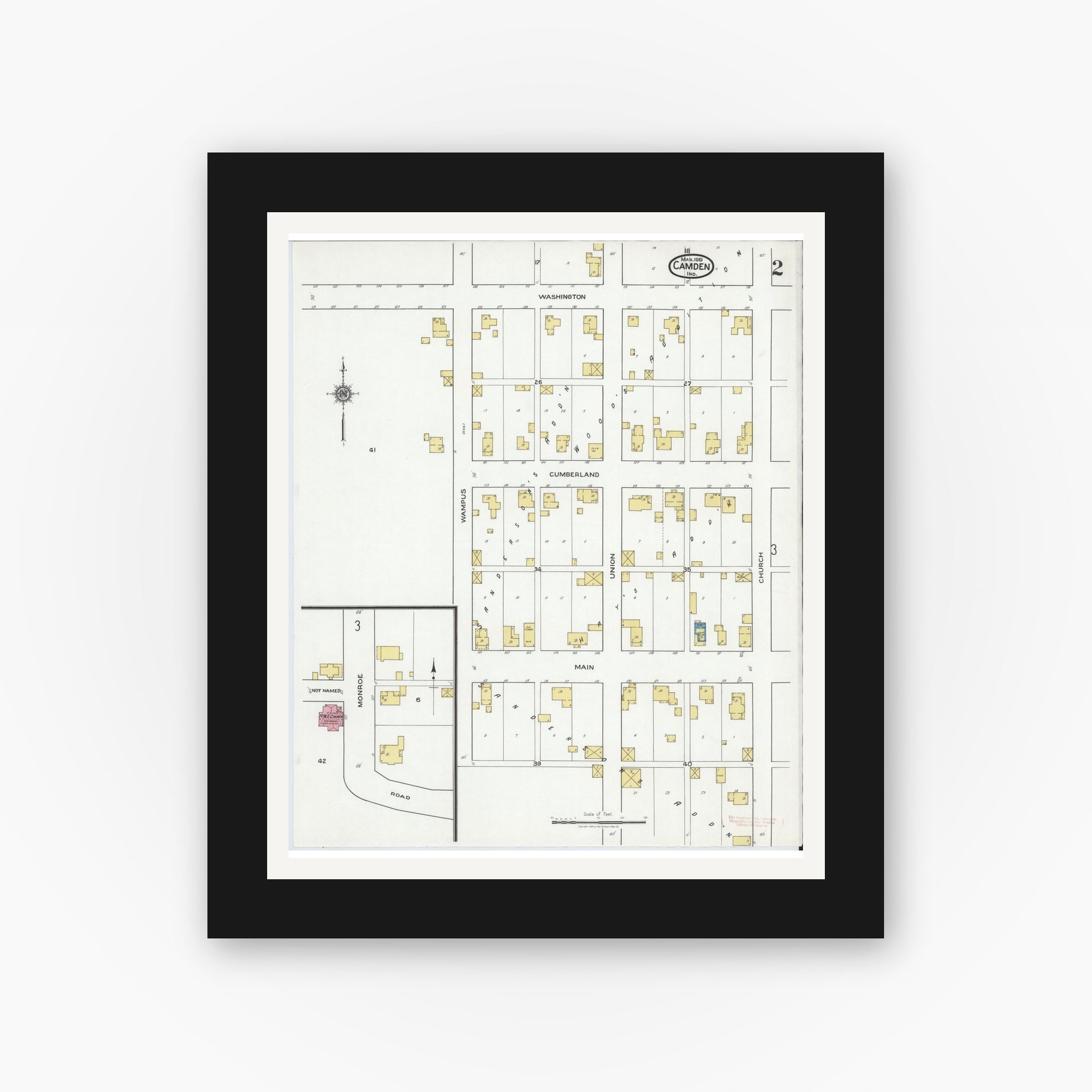 Old map wall art mockup — black gallery frame with white mat — Sanborn Fire Insurance Map from Camden, Carroll County, Indiana (1919), Sheet #0002