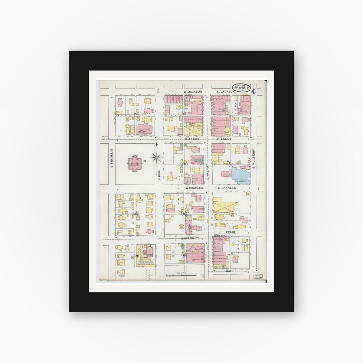 Old map wall art mockup — black gallery frame with white mat — Sanborn Fire Insurance Map from Muncie, Delaware County, Indiana (1892), Sheet #0004