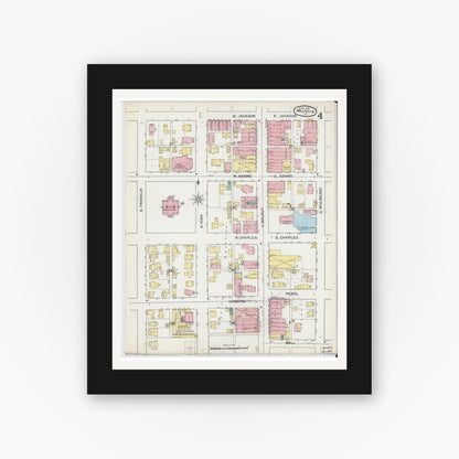 Old map wall art mockup — black gallery frame with white mat — Sanborn Fire Insurance Map from Muncie, Delaware County, Indiana (1892), Sheet #0004
