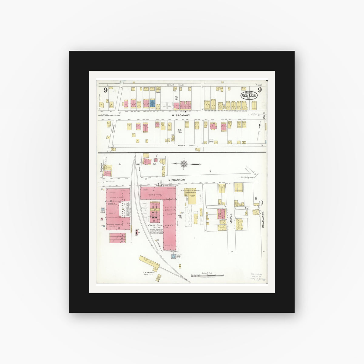 Old map wall art mockup — black gallery frame with white mat — Sanborn Fire Insurance Map from Red Lion, York County, Pennsylvania (1923), Sheet #0009
