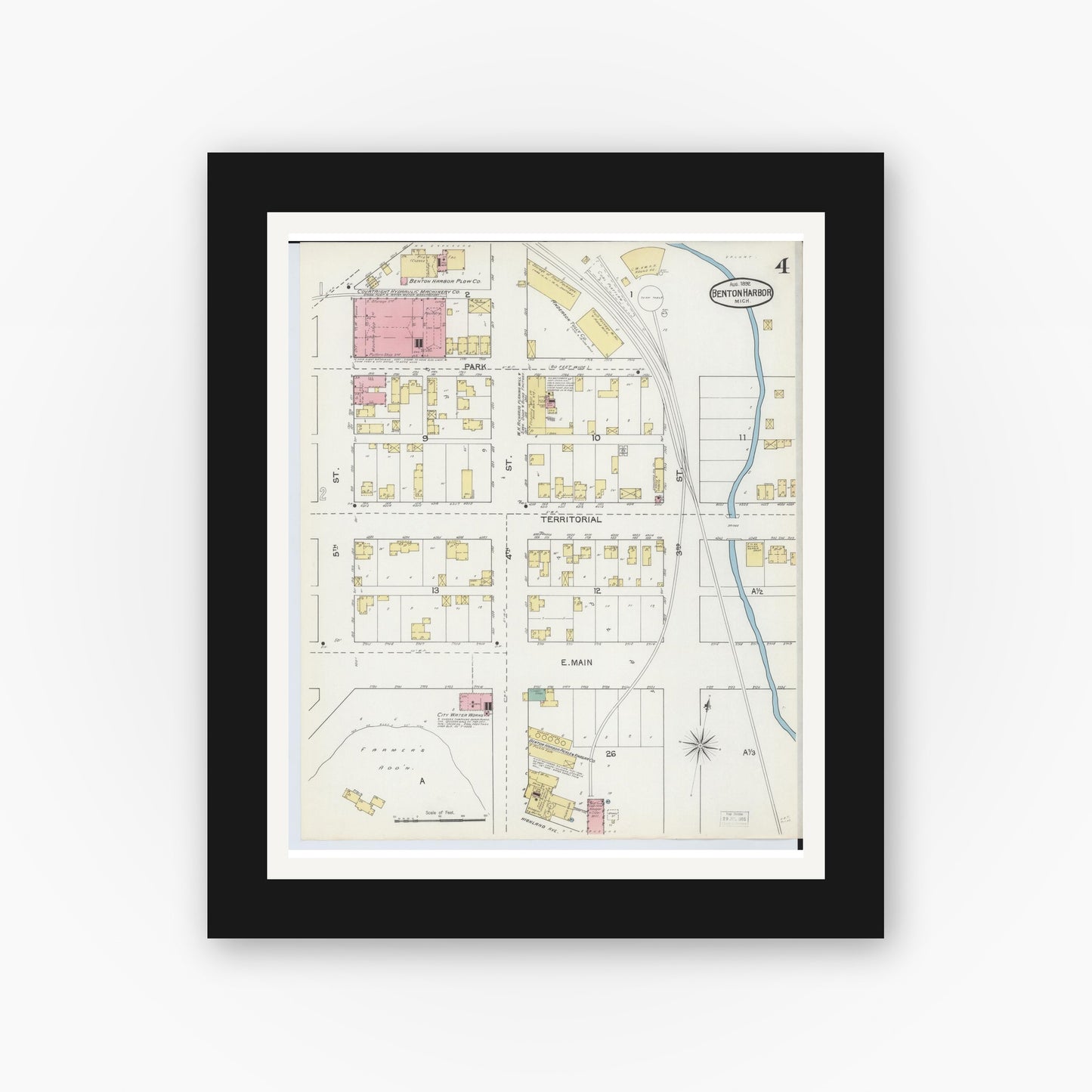 Old map wall art mockup — black gallery frame with white mat — Sanborn Fire Insurance Map from Benton Harbor, Berrien County, Michigan (1892), Sheet #0004
