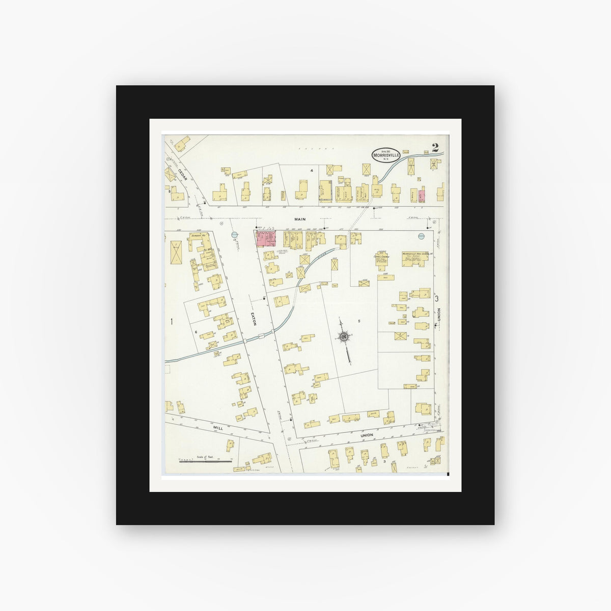 Old map wall art mockup — black gallery frame with white mat — Sanborn Fire Insurance Map from Morrisville, Madison County, New York (1911), Sheet #0002
