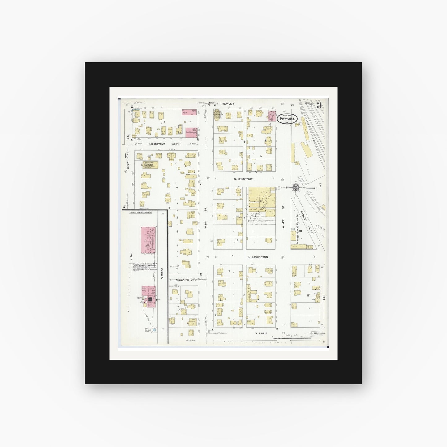 Old map wall art mockup — black gallery frame with white mat — Sanborn Fire Insurance Map from Kewanee, Henry County, Illinois (1910), Sheet #0003
