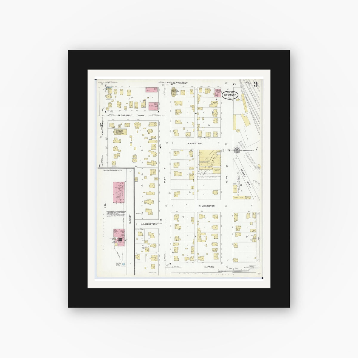 Old map wall art mockup — black gallery frame with white mat — Sanborn Fire Insurance Map from Kewanee, Henry County, Illinois (1910), Sheet #0003