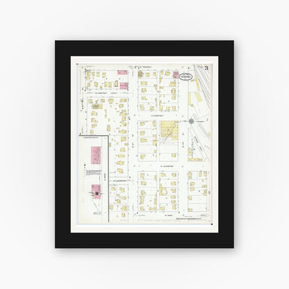 Old map wall art mockup — black gallery frame with white mat — Sanborn Fire Insurance Map from Kewanee, Henry County, Illinois (1910), Sheet #0003