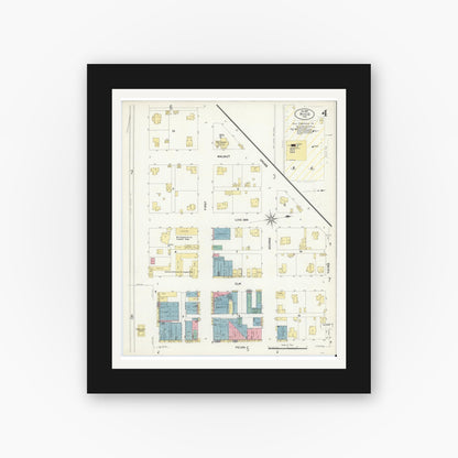 Old map wall art mockup — black gallery frame with white mat — Sanborn Fire Insurance Map from Hico, Hamilton County, Texas (1907), Sheet #0004