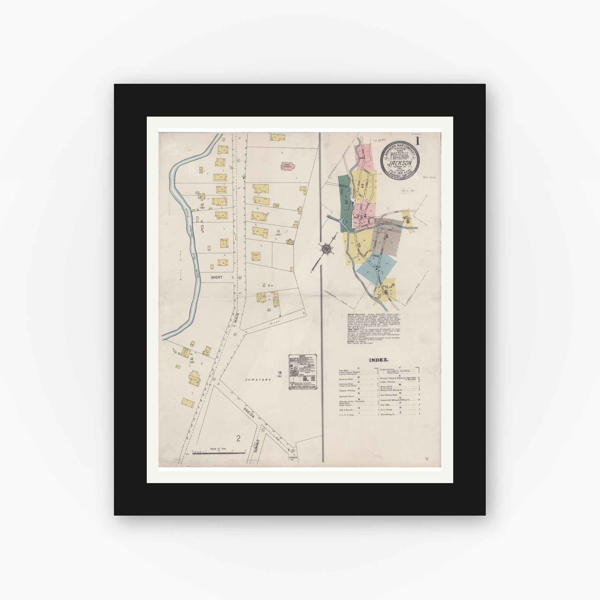 Old map wall art mockup — black gallery frame with white mat — Sanborn Fire Insurance Map from Jackson, Amador County, California (1912) - Complete Map Set