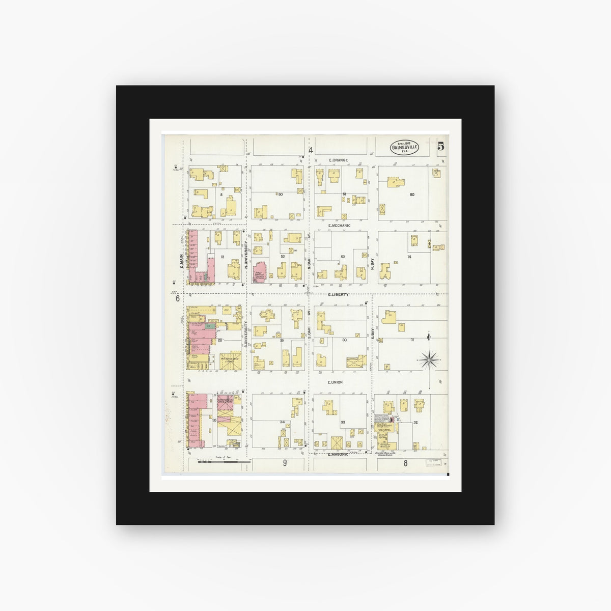 Old map wall art mockup — black gallery frame with white mat — Sanborn Fire Insurance Map from Gainesville, Alachua County, Florida (1903), Sheet #0005