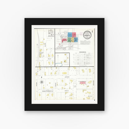 Old map wall art mockup — black gallery frame with white mat — Sanborn Fire Insurance Map from Bloomfield, Davis County, Iowa (1907) â€” Complete Set