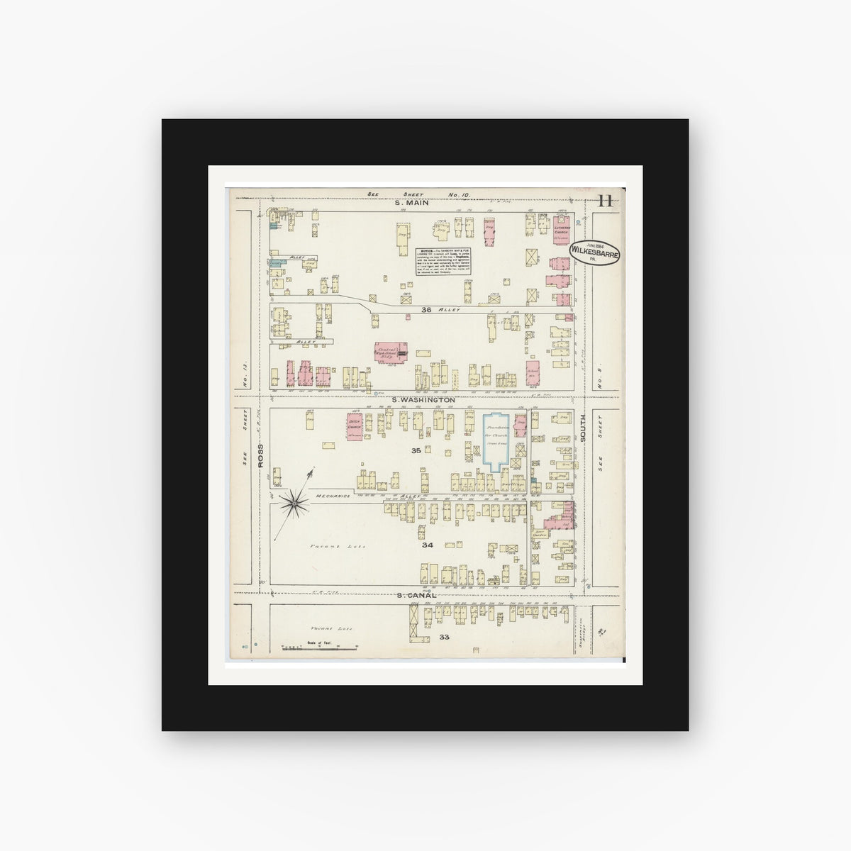 Old map wall art mockup — black gallery frame with white mat — Sanborn Fire Insurance Map from Wilkes Barre, Luzerne County, Pennsylvania (1884), Sheet #0011