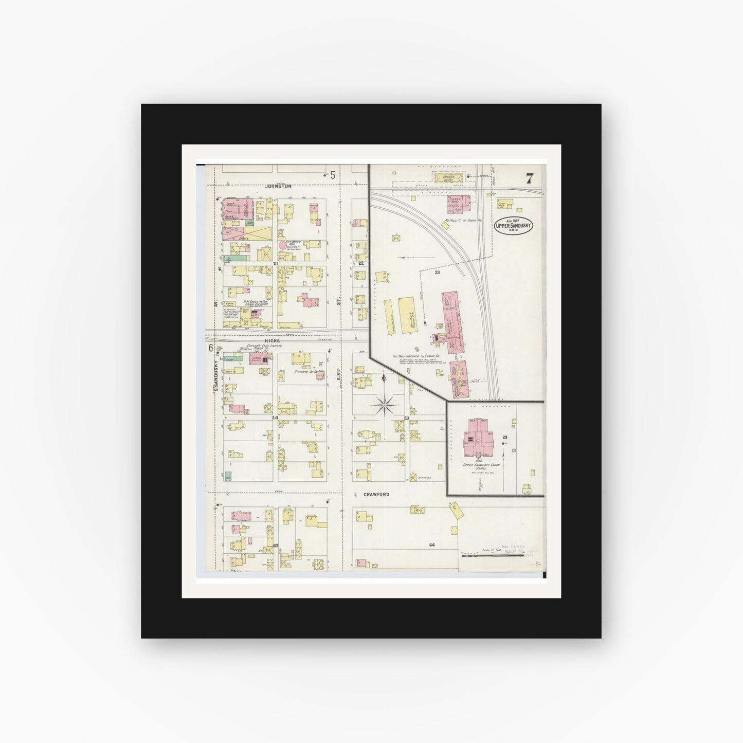 Old map wall art mockup — black gallery frame with white mat — Sanborn Fire Insurance Map from Upper Sandusky, Wyandot County, Ohio (1897), Sheet #0007