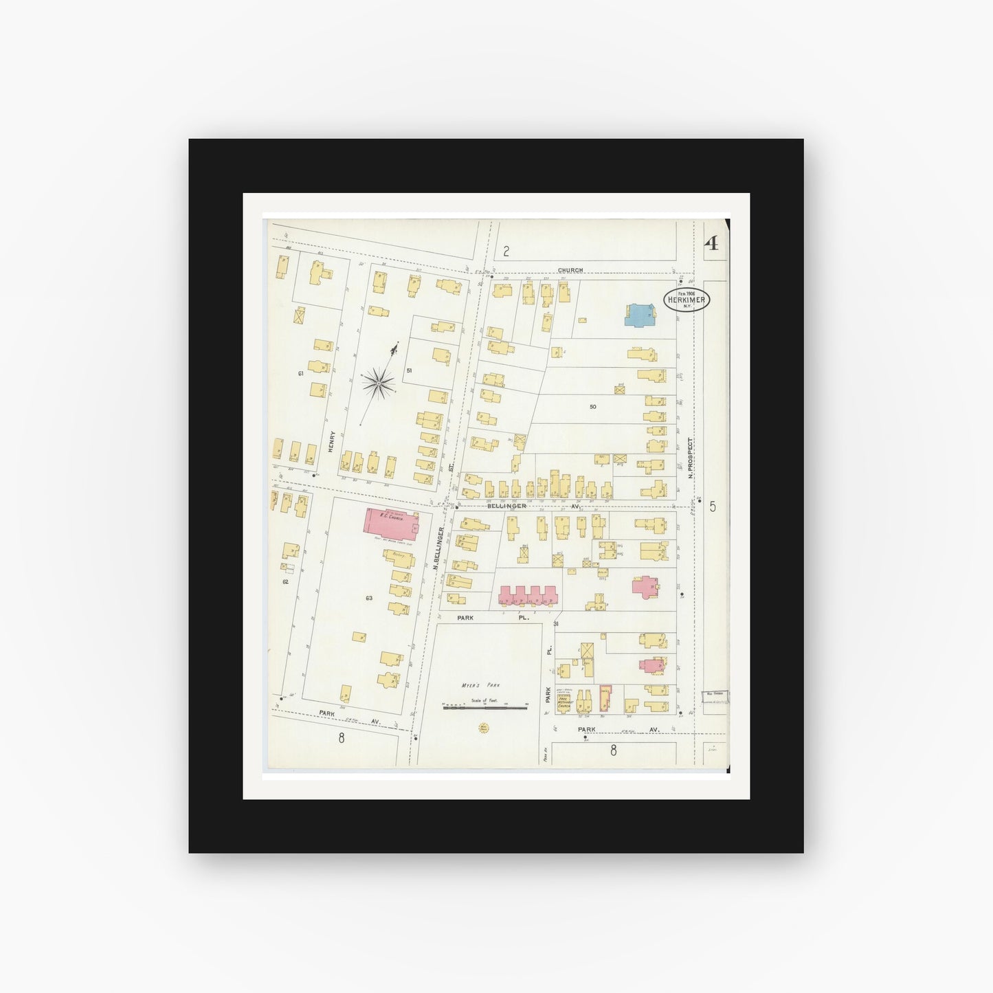 Old map wall art mockup — black gallery frame with white mat — Sanborn Fire Insurance Map from Herkimer, Herkimer County, New York (1906), Sheet #0004