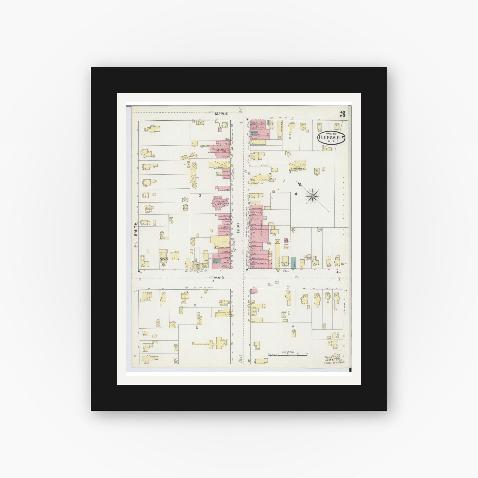 Old map wall art mockup — black gallery frame with white mat — Sanborn Fire Insurance Map from Hicksville, Defiance County, Ohio (1893), Sheet #0003