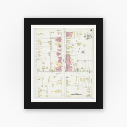 Old map wall art mockup — black gallery frame with white mat — Sanborn Fire Insurance Map from Hicksville, Defiance County, Ohio (1893), Sheet #0003