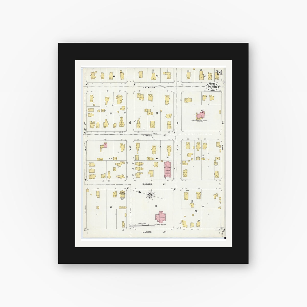 Old map wall art mockup — black gallery frame with white mat — Sanborn Fire Insurance Map from Dixon, Lee County, Illinois (1902), Sheet #0014