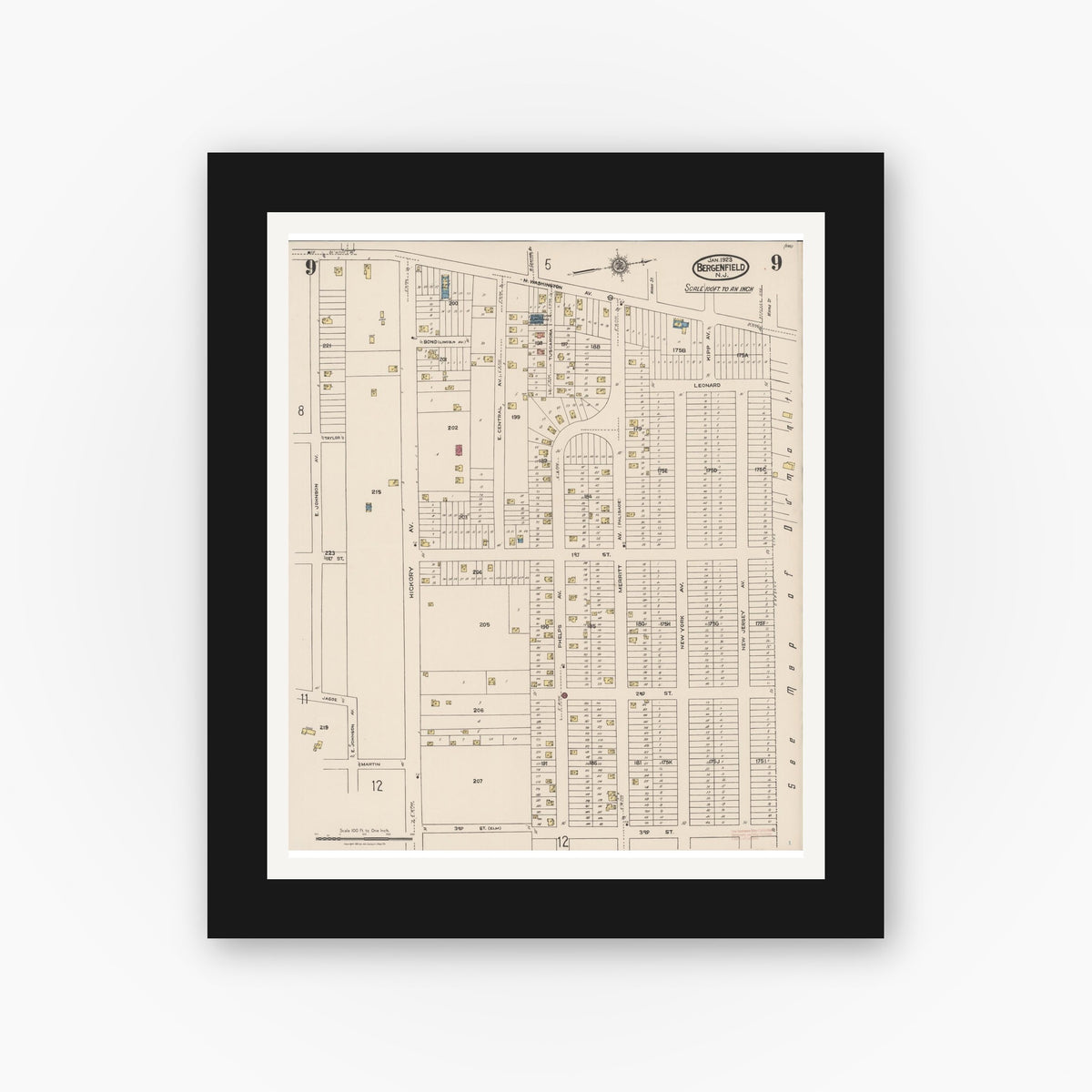 Old map wall art mockup — black gallery frame with white mat — Sanborn Fire Insurance Map from Bergenfield, Bergen County, New Jersey (1923), Sheet #0009