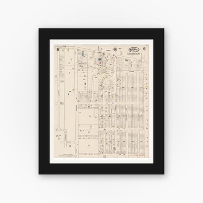 Old map wall art mockup — black gallery frame with white mat — Sanborn Fire Insurance Map from Bergenfield, Bergen County, New Jersey (1923), Sheet #0009