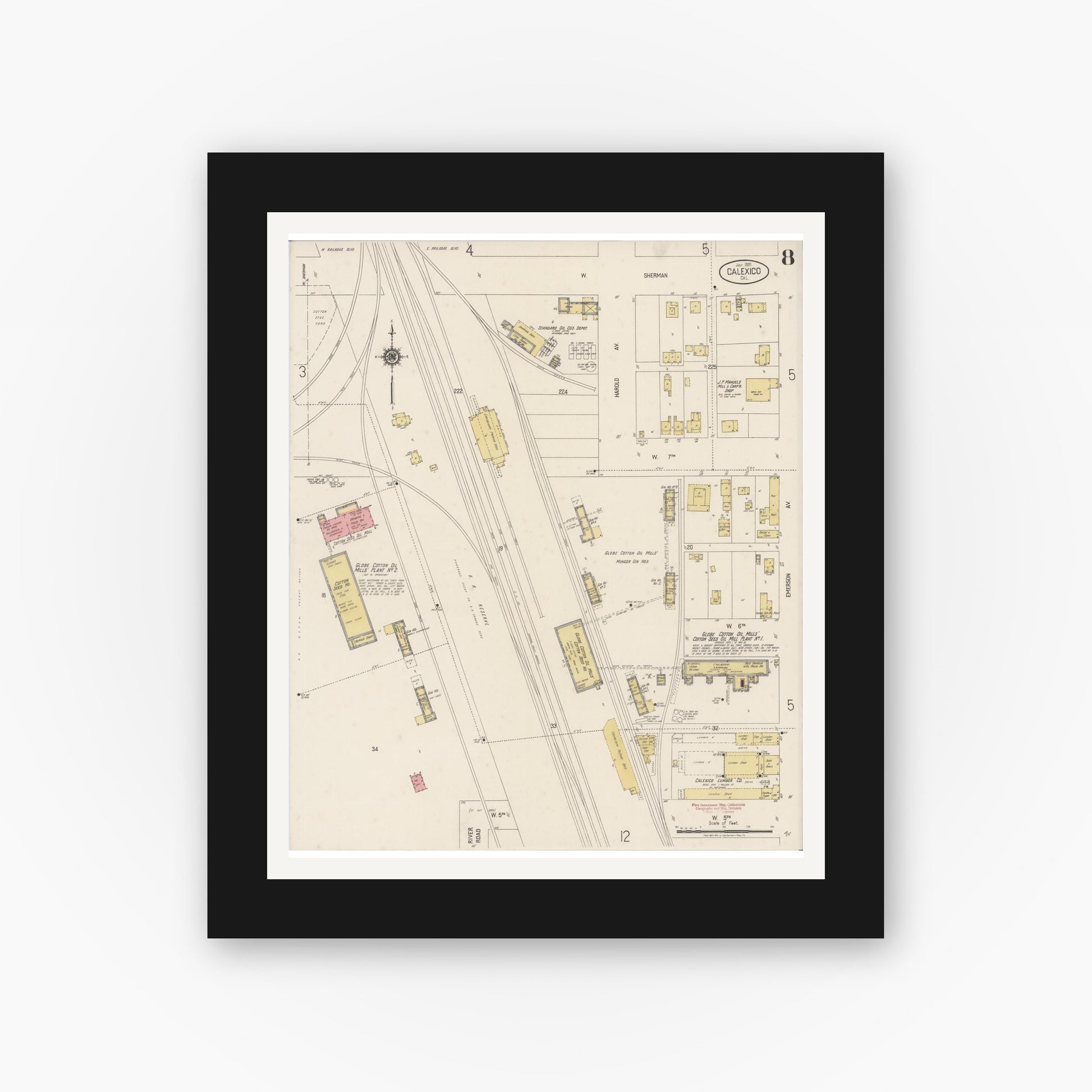 Old map wall art mockup — black gallery frame with white mat — Sanborn Fire Insurance Map from Calexico, Imperial County, California (1920), Sheet #0008