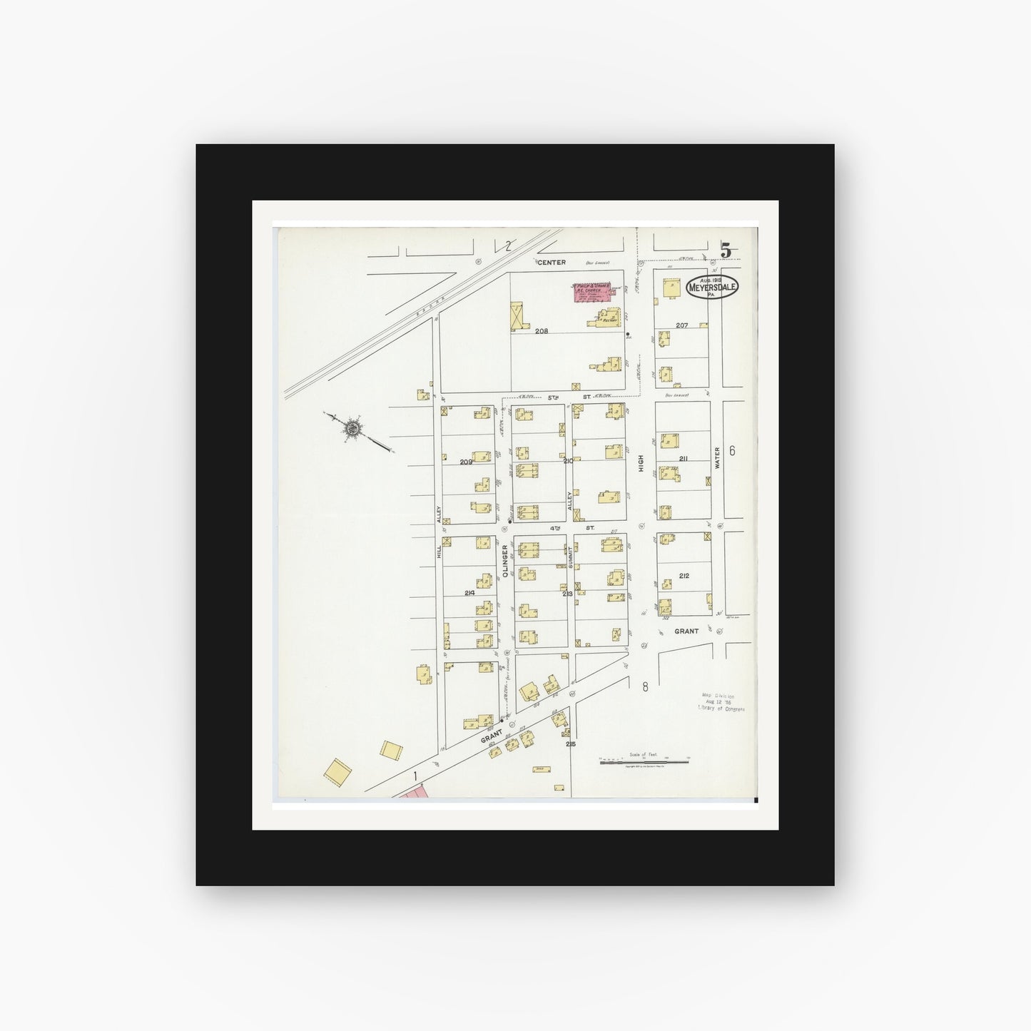 Old map wall art mockup — black gallery frame with white mat — Sanborn Fire Insurance Map from Meyersdale, Somerset County, Pennsylvania (1919), Sheet #0005